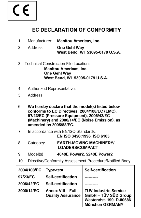 GEHL SL4640E (EU) & SL5240E (EU) Loader Operator Manual PDF