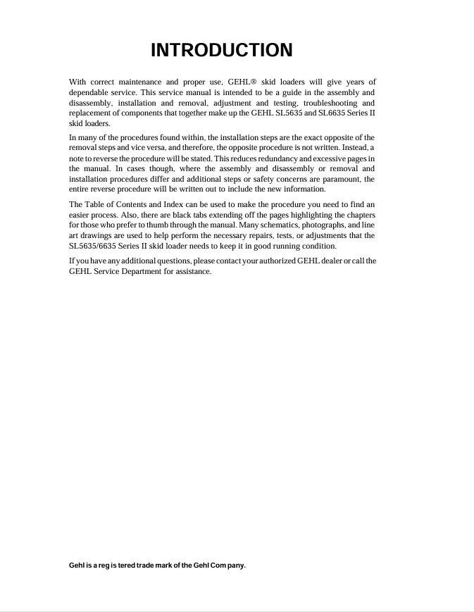 GEHL SL5635 & SL6635 Series II Skid Loader Service Manual