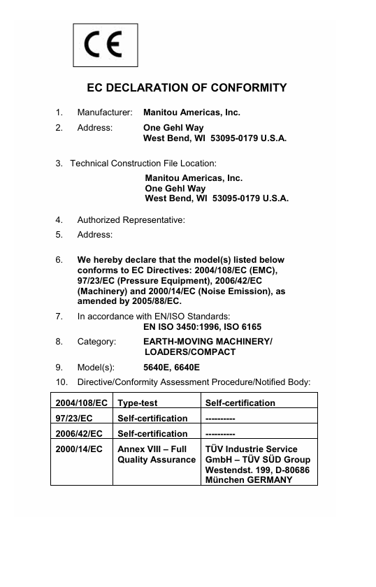GEHL SL5640, SL5640E (EU), SL6640E (EU) Loader Manual PDF