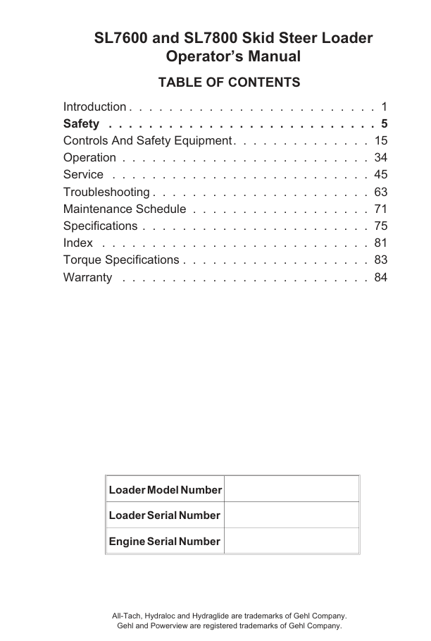 GEHL SL7600 SL7800 Skid Loader Operator's Manual PDF