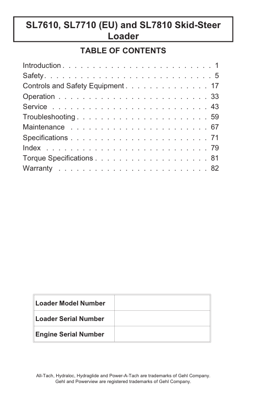 GEHL SL7610, SL7710 EU & SL7810 Skid-Steer Loader Manual PDF