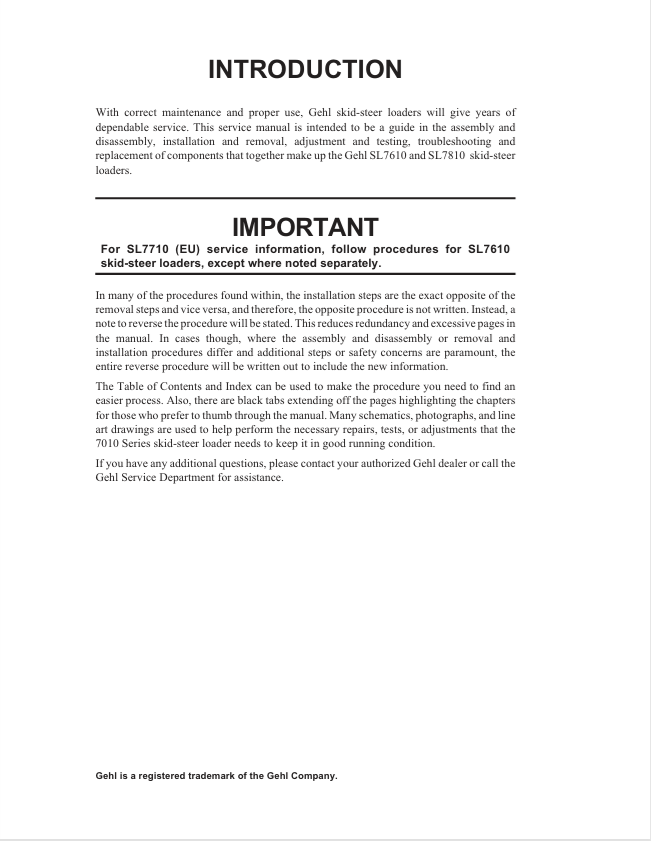 GEHL SL7610, SL7710 EU & SL7810 Skid Steer Repair Manual PDF