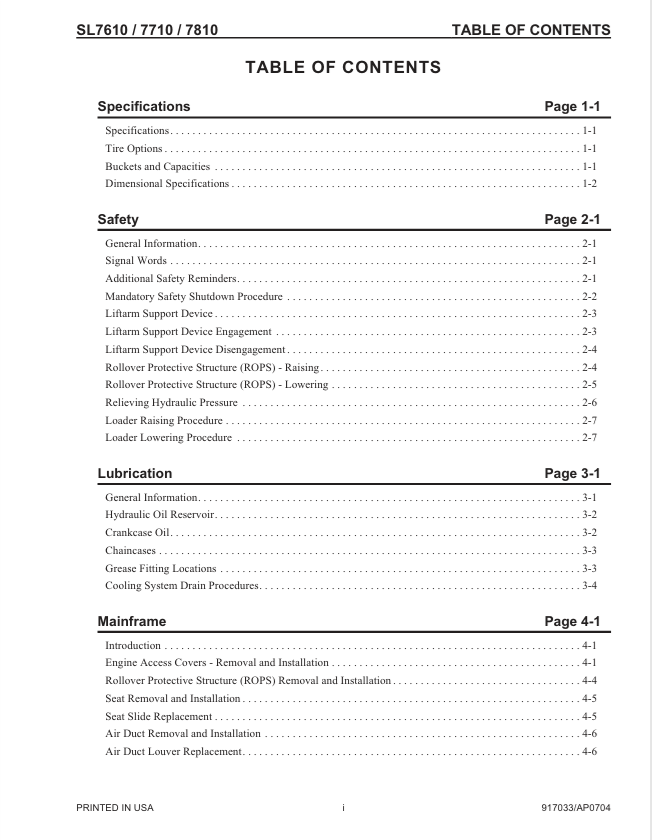 GEHL SL7610 SL7710 SL7810 Service & Maintenance Manual 917033