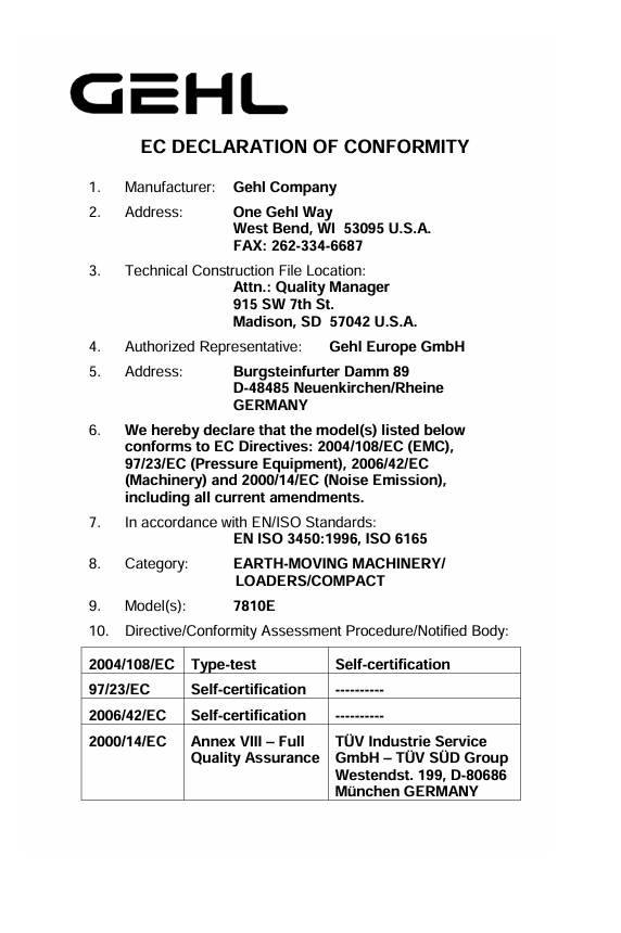 GEHL SL7810E Loader Operation & Maintenance Manual 917208 PDF