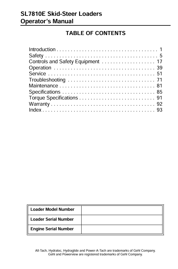 GEHL SL7810E Skid Loader Owner's Manual PDF Download