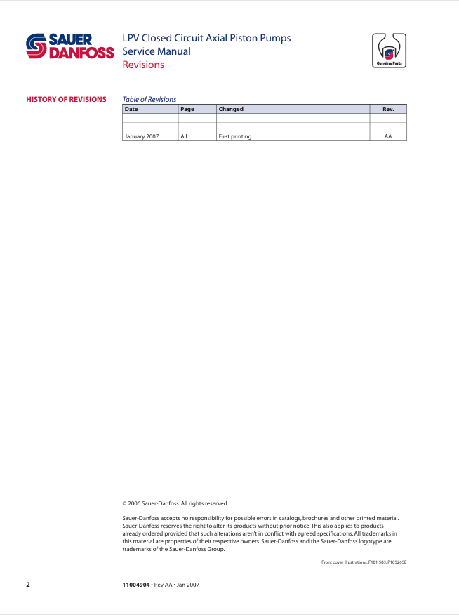 GEHL Sauer Danfoss LPV Closed Circuit Pump Service Manual