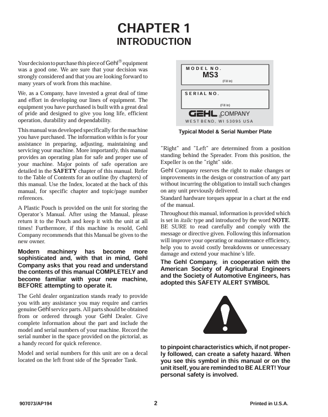 GEHL Scavenger II 300 Series Operator & Maintenance Manual 907073 PDF
