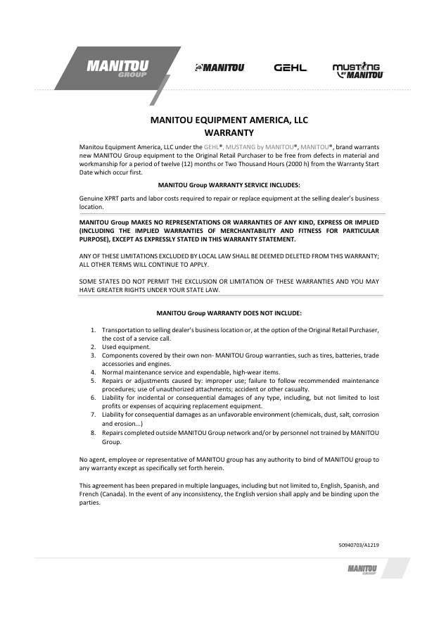 GEHL Skid-Steer Loader V270/V330 GEN:2 Manual Download – 50950150