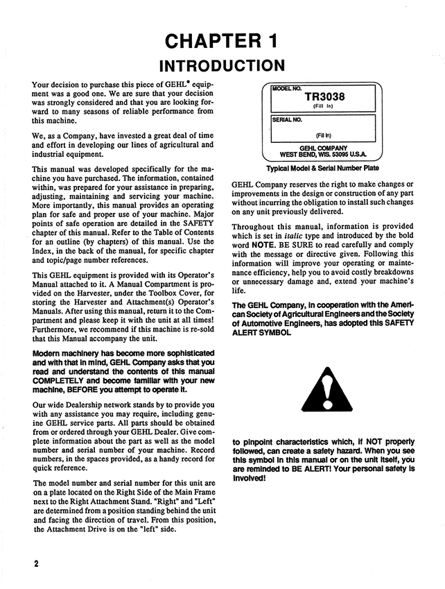 GEHL TR3038 Two Row Crop Attachment Owners Operator Manual PDF