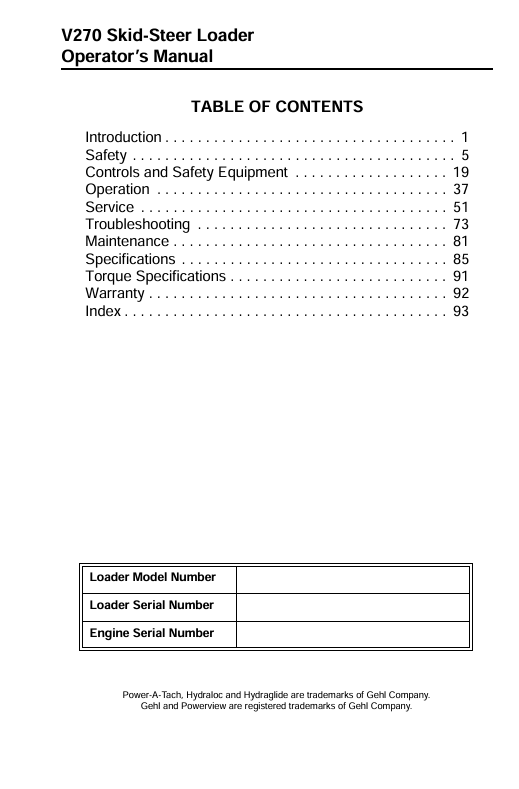 GEHL V270 (EU) Loader Operator and Maintenance Manual 917387 PDF