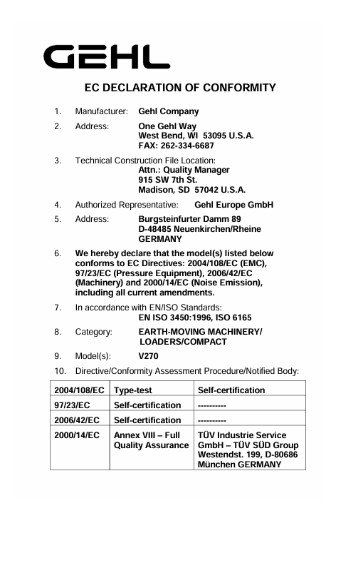 GEHL V270 Skid-Steer Loader Service Information Operator Manual PDF