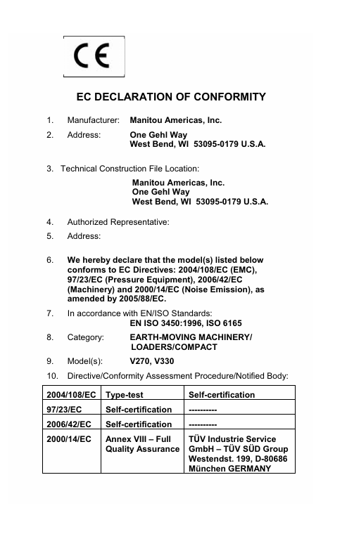 GEHL V270, V330 Loader Operator and Maintenance Manual PDF
