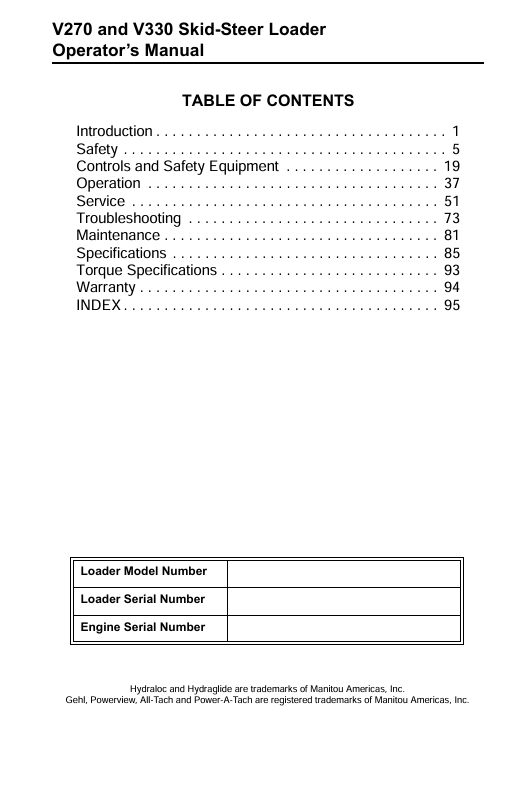 GEHL V270/V330 Skid-Steer Loader Manual 50950000 PDF