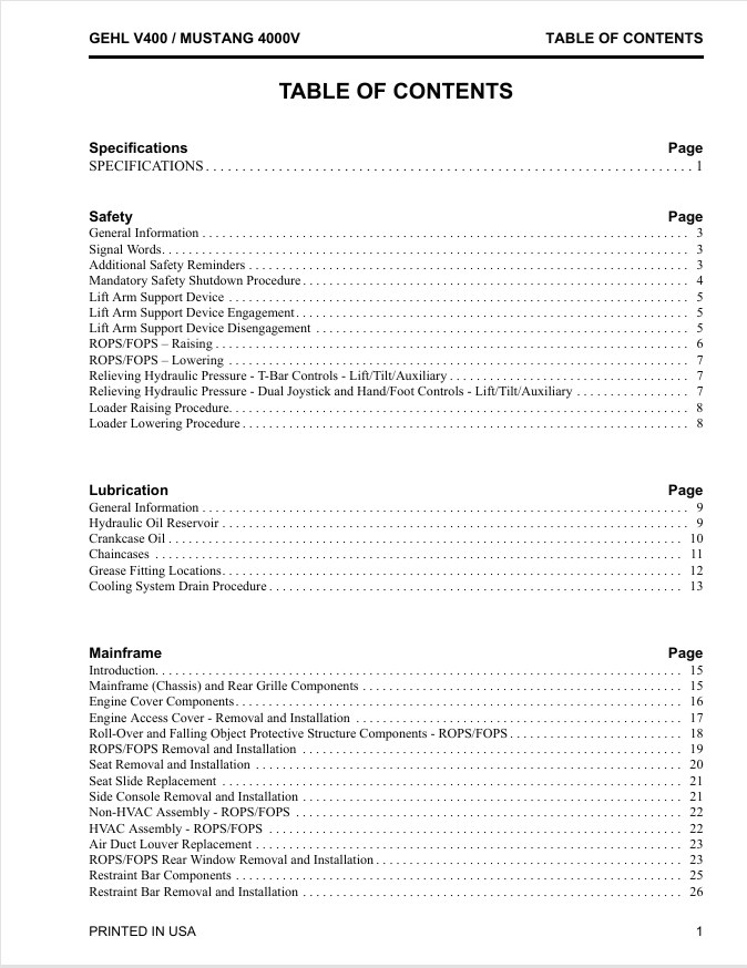 GEHL V400 & Mustang 4000V Service & Maintenance Manual