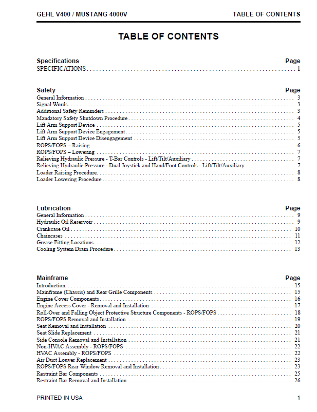 GEHL V400 / Mustang 4000V Skid Steer Loader Workshop Manual PDF