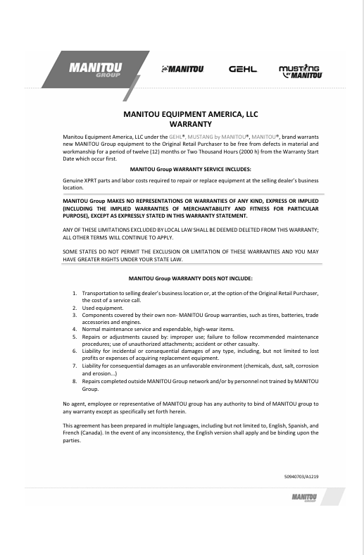 GEHL V420 Skid-Steer Loader Operator Manual PDF (50950233)