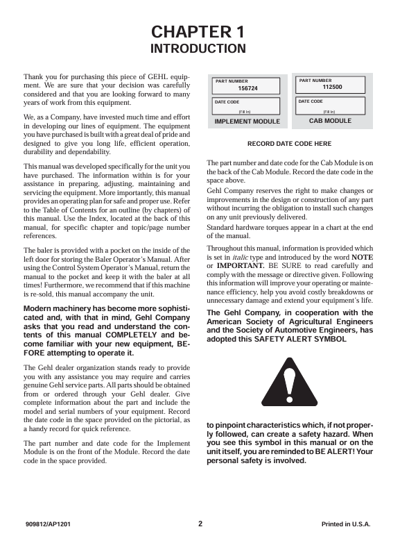 GEHL Variable Chamber Round Baler Operator Manual with Automatic Bale Control 909812 PDF