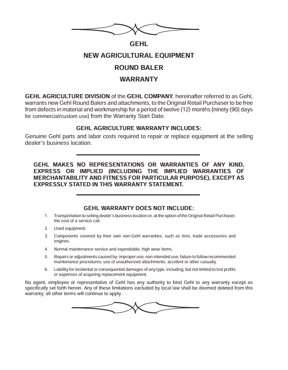 GEHL Variable Chamber Round Baler Twine Control Operator Manual PDF