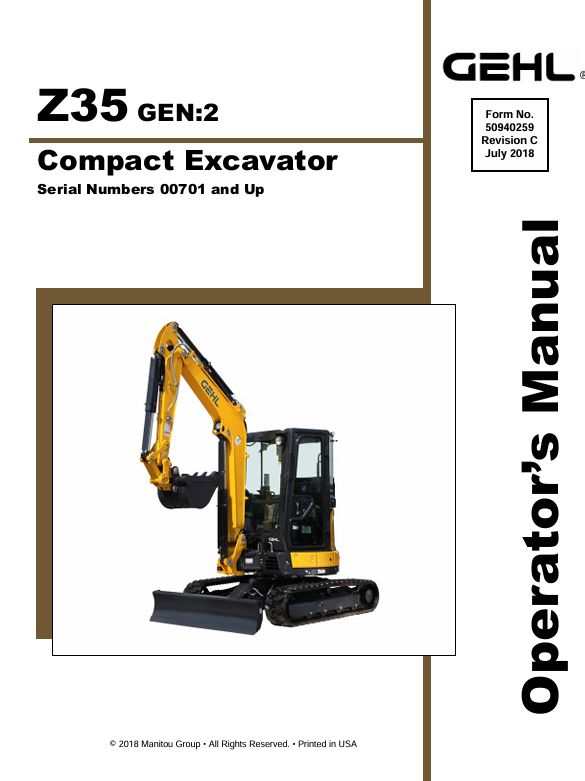 GEHL Z35 GEN 2 Compact Excavator Operator Manual 50940259 PDF