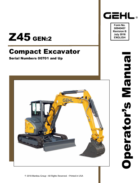 GEHL Z45 Gen 2 Compact Excavator Operator Manual 50940407 PDF