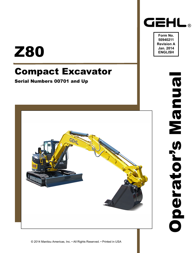 GEHL Z80 Compact Excavator Operator Manual 50940211 PDF Download