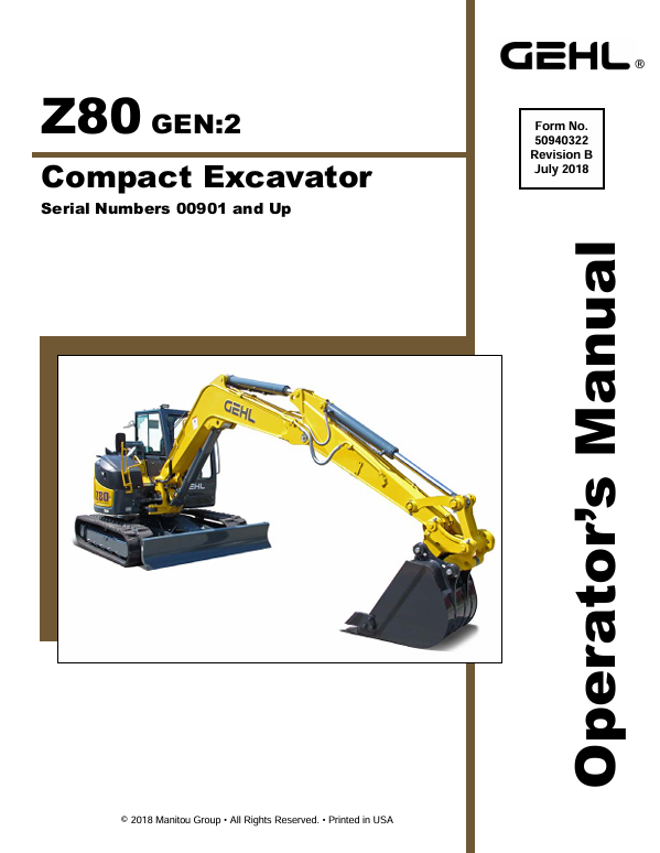 GEHL Z80 GEN:2 Compact Excavator Operator Manual 50940322 PDF Download