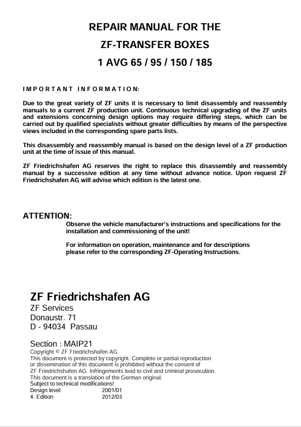 GEHL ZF Transfer Box 1 AVG 65/95/150/185 Workshop Manual PDF