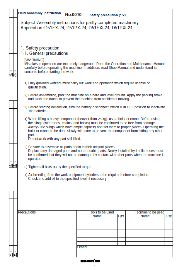 GEN00160-00: Komatsu D51EX-24, D51PX-24, D51EXi-24, D51PXi-24 Bulldozer Field Assembly Guide