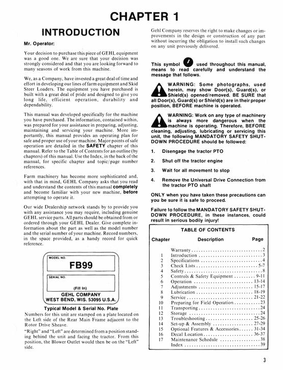 GHEL FB99 Forage Blower Service & Operator Manual PDF 9027393