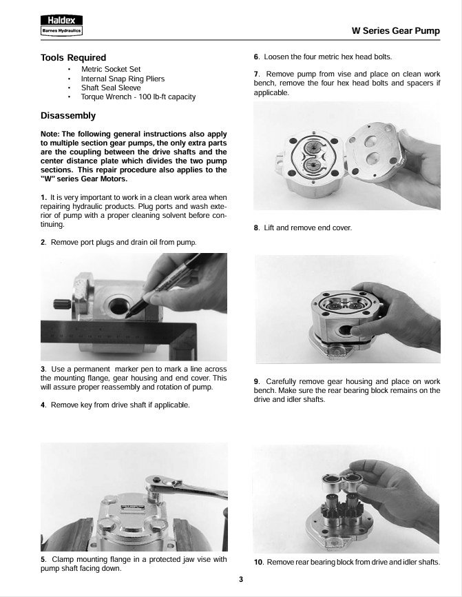 Haldex Barnes W Series Hydraulic Gear Pump & Motor Repair Manual
