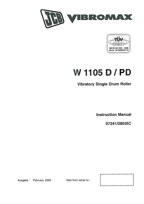 JCB 1105 D / PD Vibratory Single Drum Roller Instruction Manual PDF
