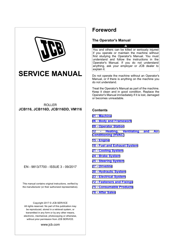 JCB 116, 116D, 116DD and VM116 Roller Service Manual PDF
