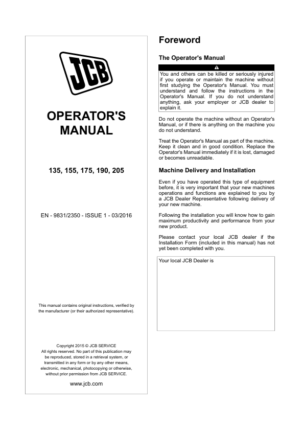 JCB 135 155 175 190 205 Operator Manual & Guide PDF