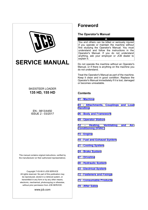 JCB 135 HD & 155 HD Skid Steer Loader Service Manual PDF