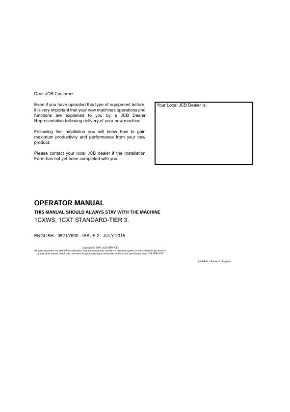 JCB 1CXWS 1CXT Standard Tier 3 Operator Manual PDF