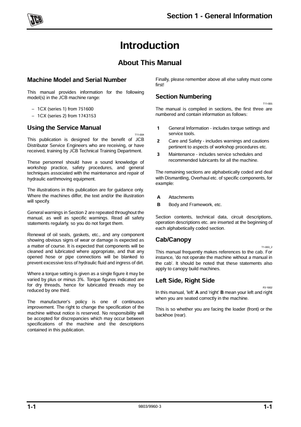 JCB 1CX Backhoe Loader Maintenance Manual PDF