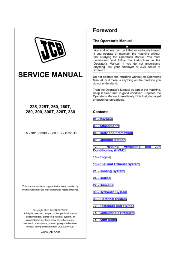 JCB 225 225T 260 260T 280 300 300T 320T 330 Service Manual PDF