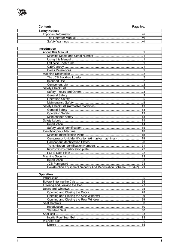 JCB 2CX Backhoe Loader Airmaster Operator Manual PDF
