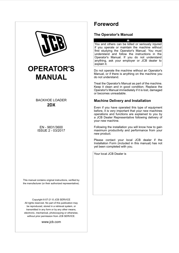 JCB 2DX Operator Manual PDF – Backhoe Loader Guide