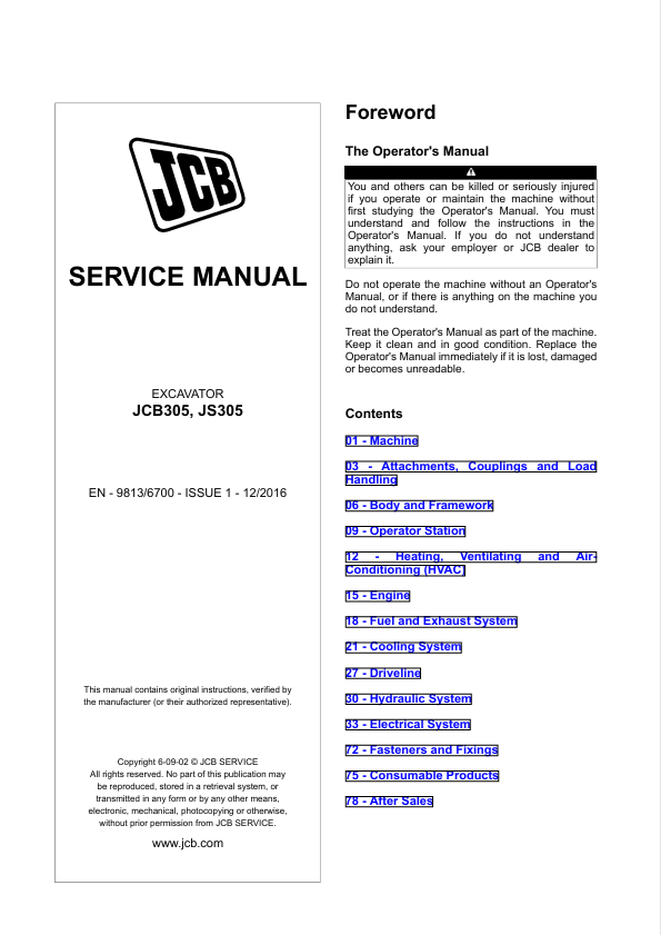 JCB 305, JS305 Excavator Service Manual PDF – Repair Guide