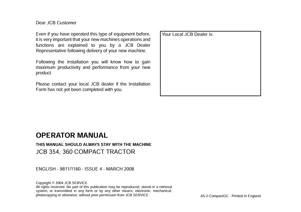 JCB 354, 360 Compact Tractor Operator Manual PDF
