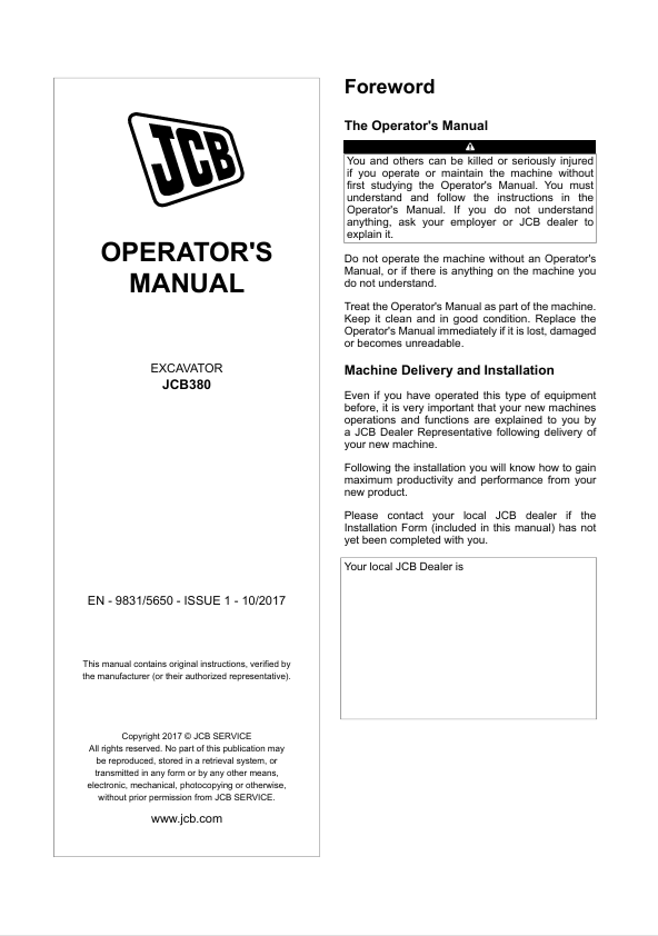 JCB 380 Excavator Operating Manual PDF