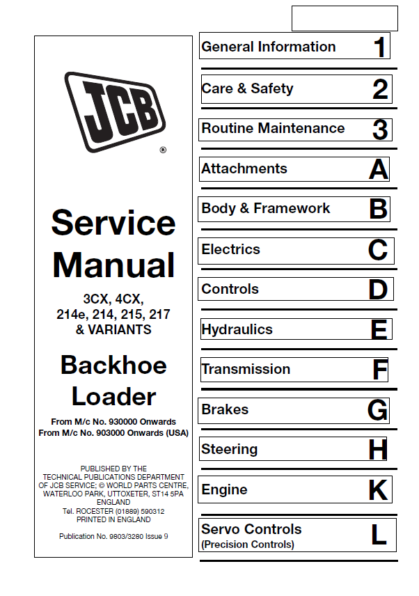 JCB 3CX, 4CX, 214E, 214, 215, 217 Backhoe Loader Service Manual (PDF)