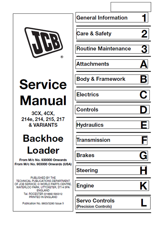 JCB 3CX, 4CX, 214E, 214, 215, 217 Backhoe Loader Service Manual (PDF)