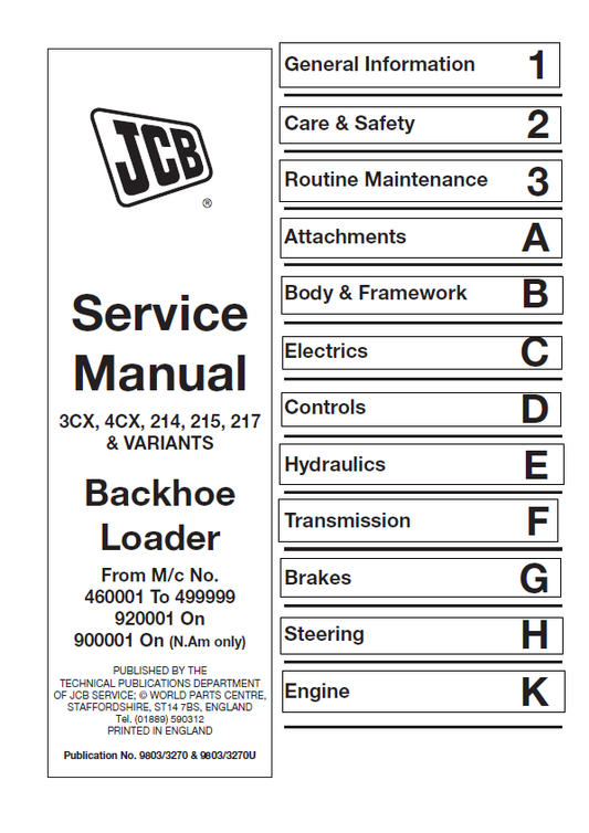 JCB 3CX, 4CX, 214, 215, 217 & Variants Backhoe Loader Service Manual (PDF)