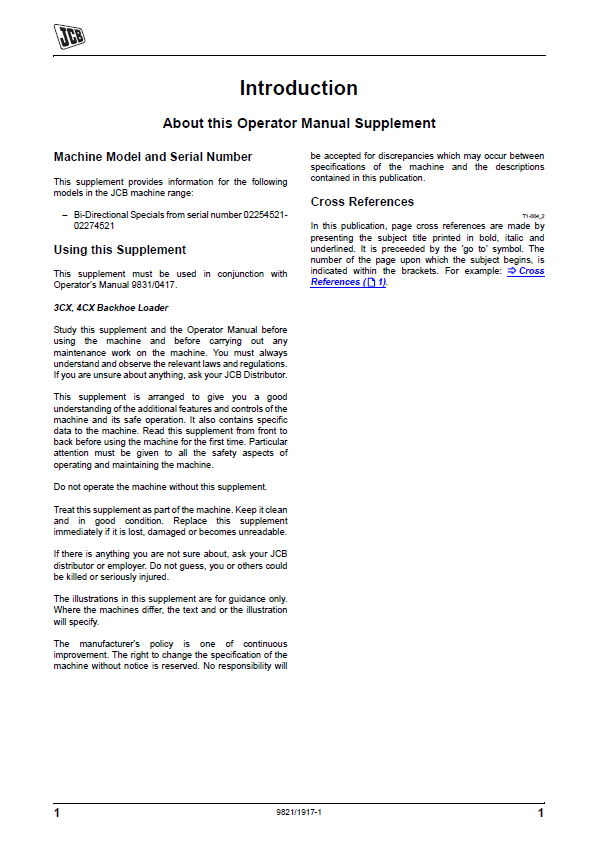 JCB 3CX 4CX Bi-Directional Special Machine Operator Guide PDF