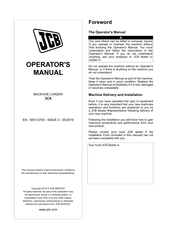 JCB 3CX Backhoe Loader Manual & Operator Guide PDF