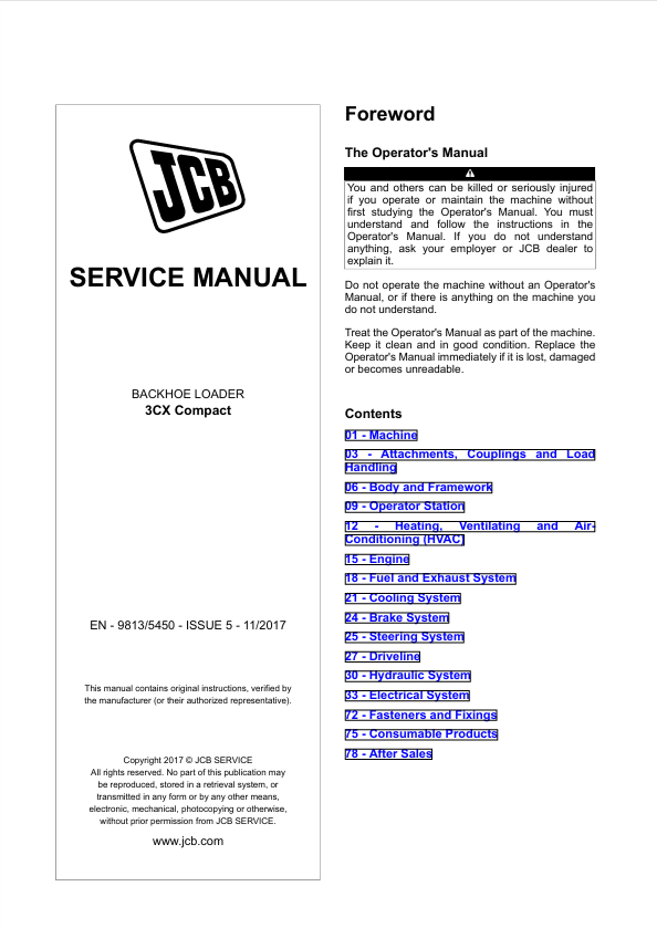 JCB 3CX Compact Backhoe Loader Service Manual PDF Download