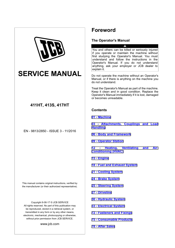 JCB 411HT 413S 417HT Service Manual PDF Download