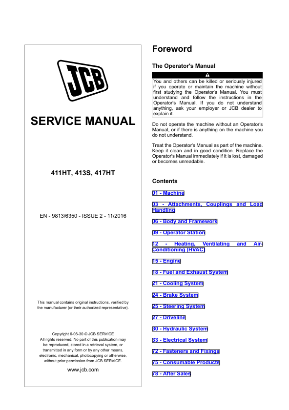 JCB 411HT, 413S, 417HT Service Manual PDF – Repair Guide